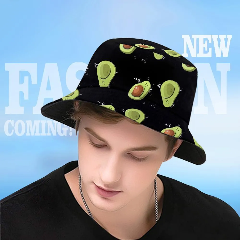 Double-Side-Wear Summer Bucket Hat Funny Bucket Hats Unisex Print Beach Sun Cap Reversible Avocado White