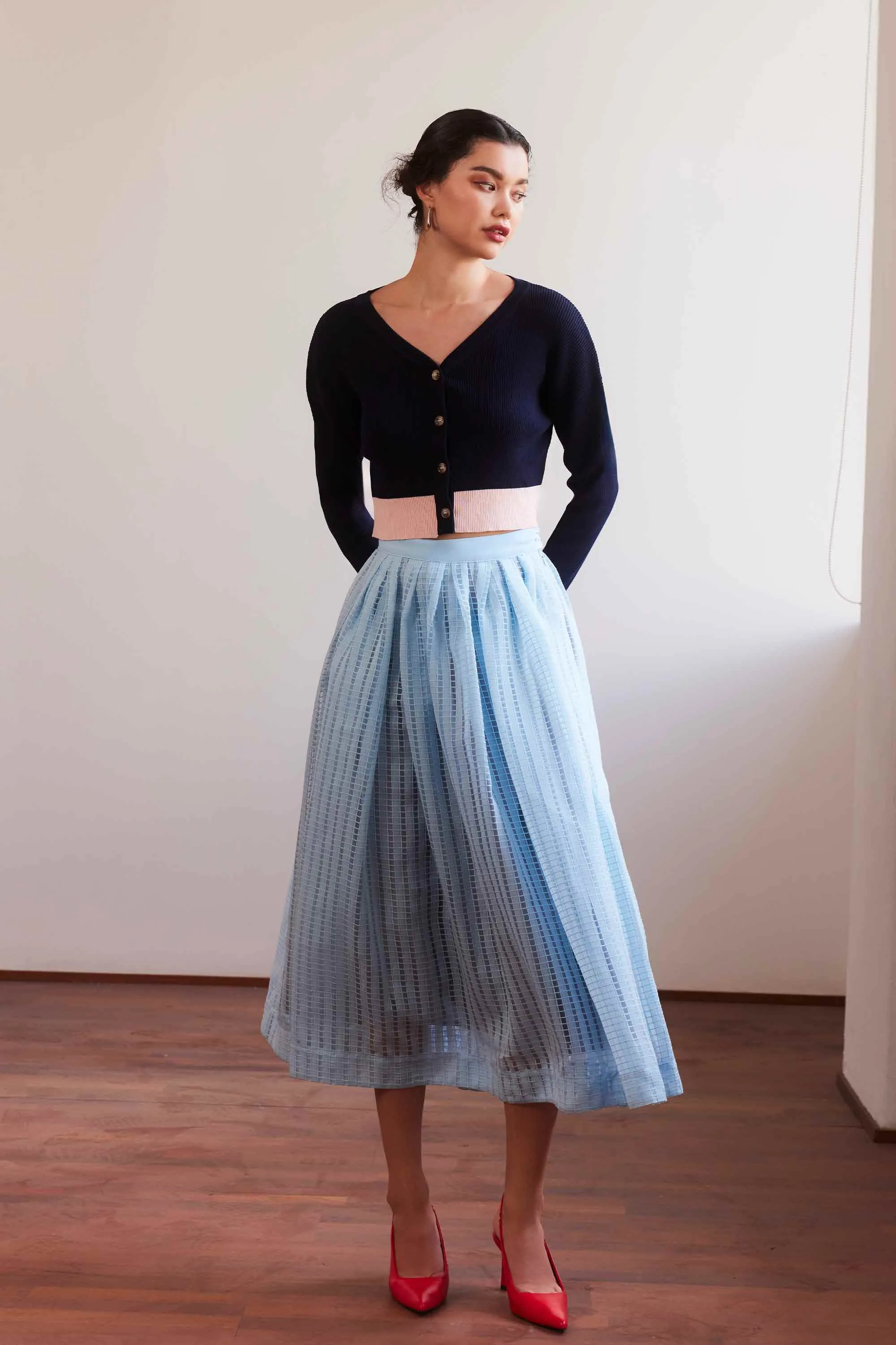 Dual Box Pleat Maxi Skirt (Baby Blue)