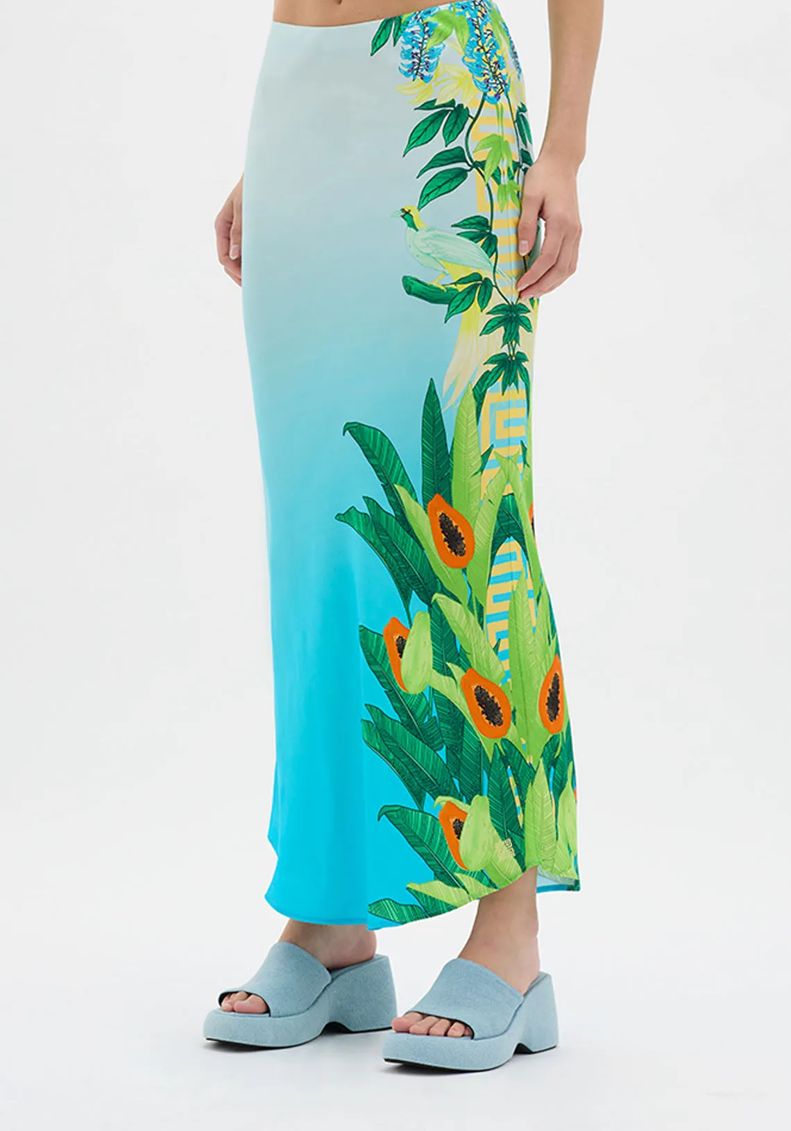 EDEN ILLUSTRATED MAXI SKIRT BLUE