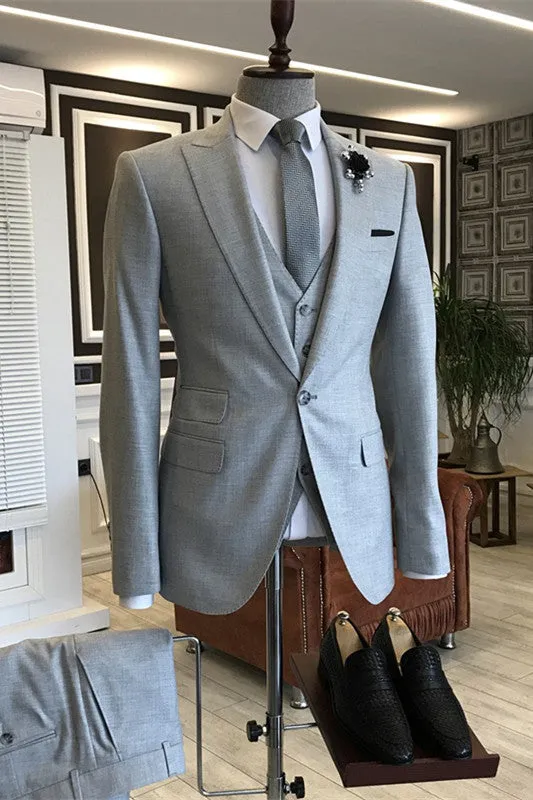 Edgar Light Gray Simple Three-Piece Peaked Lapel Business Suit