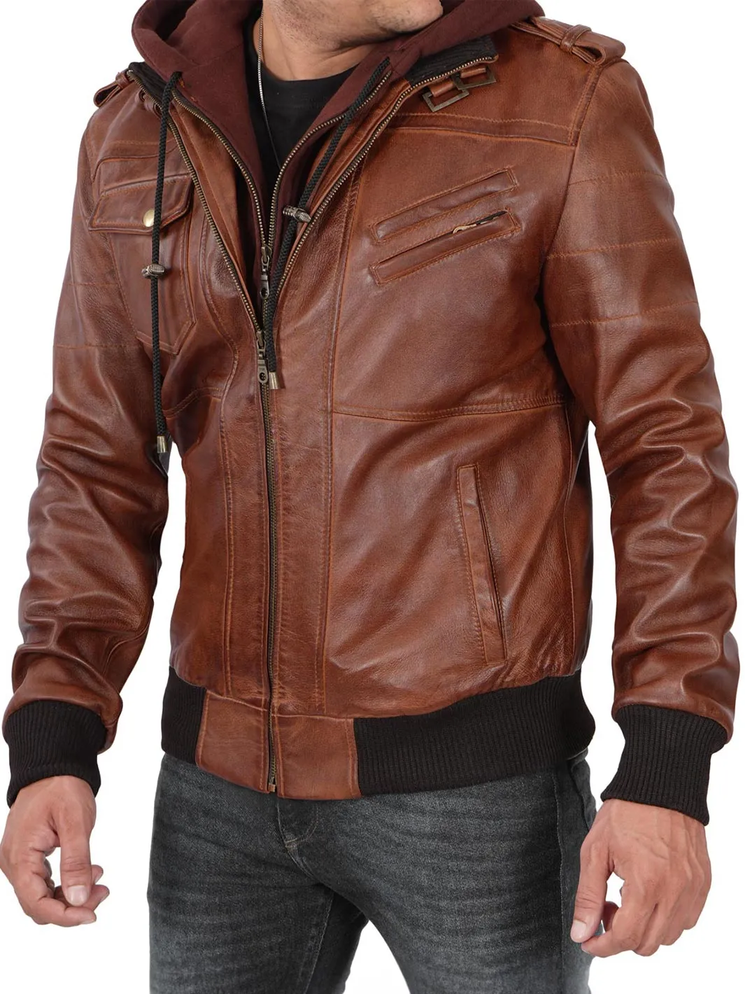 Edinburgh Mens Brown Tall Bomber Leather Jacket With Removable Hood