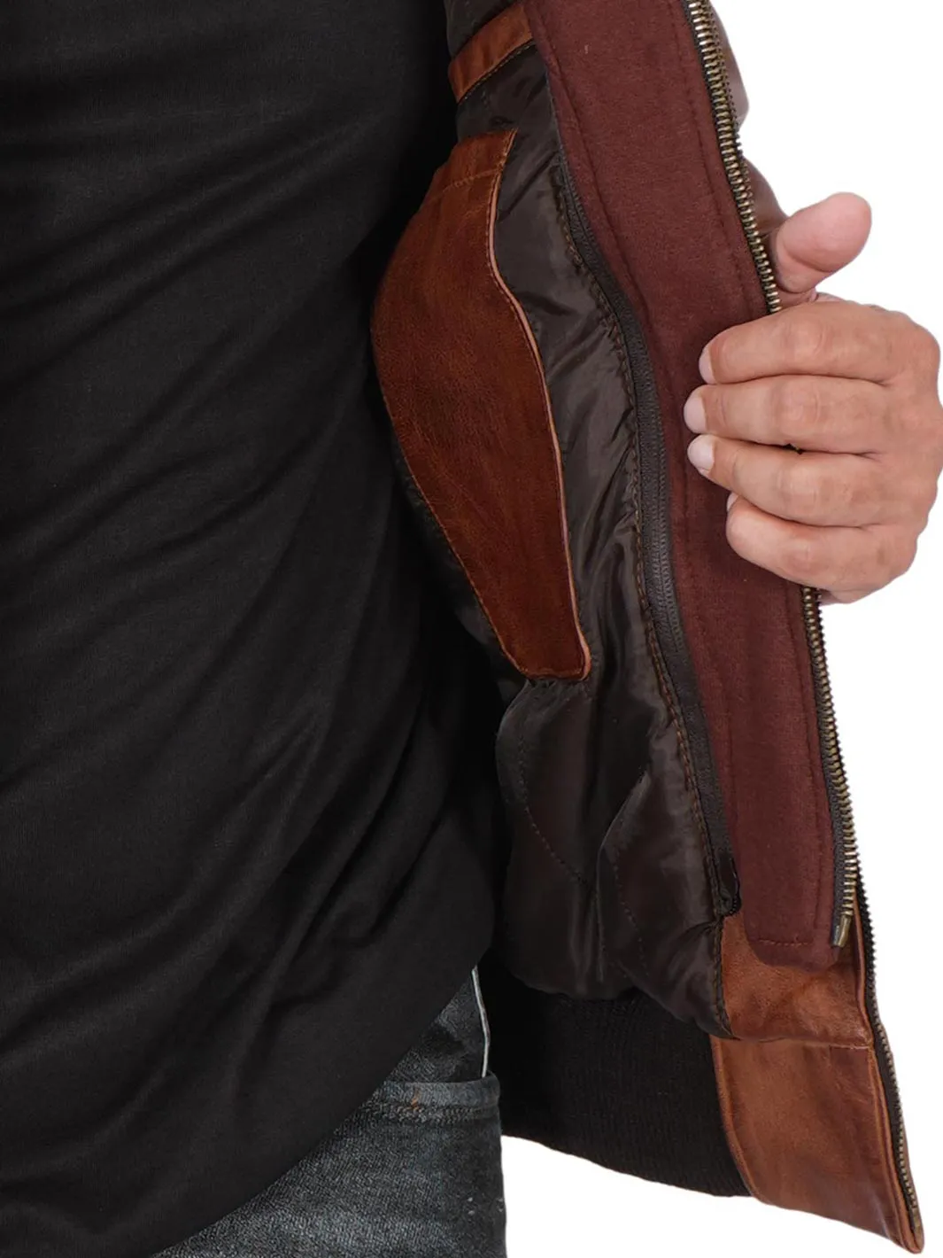 Edinburgh Mens Brown Tall Bomber Leather Jacket With Removable Hood