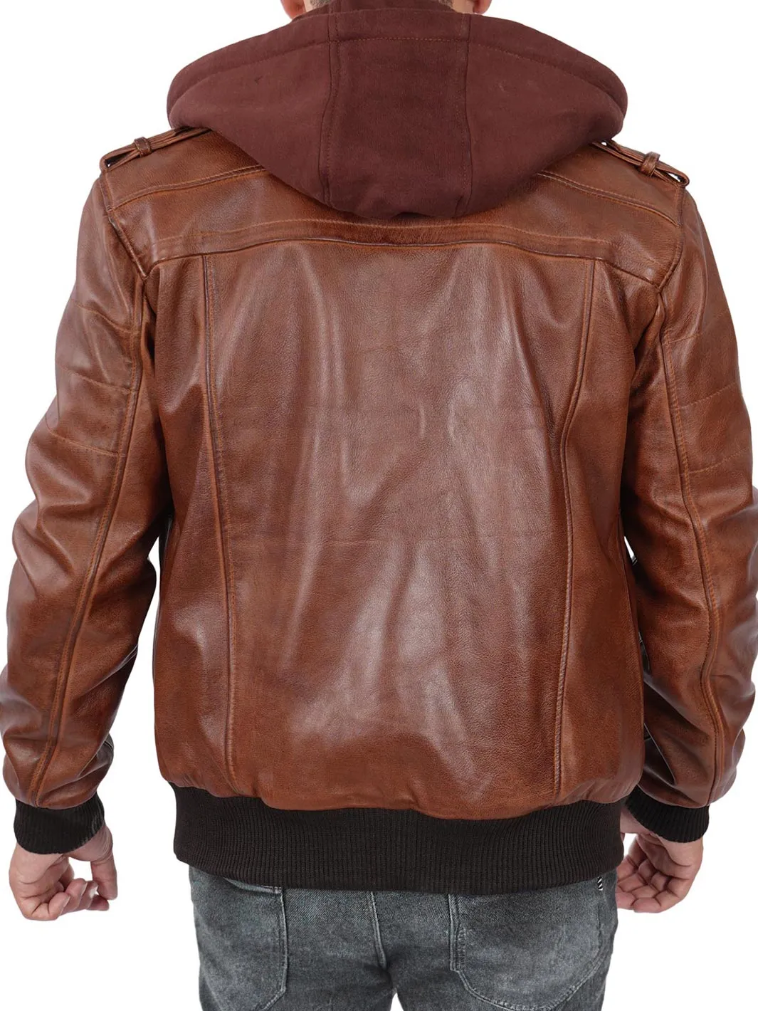 Edinburgh Mens Brown Tall Bomber Leather Jacket With Removable Hood