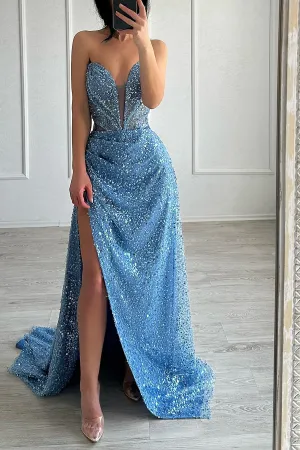 Elegant A-line V-neck Sleeveless Split Front Sequined Blue Prom Dress