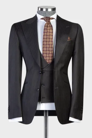 Elmer Black Striped Peaked Lapel Three-Piece Business Suit for Men