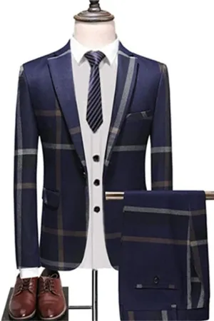 Ethan Navy Blue Chic Plaid Peaked Lapel Business Suit for Men