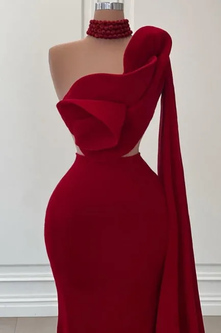 Fabulous Long Burgundy One Shoulder Mermaid Sleeveless Prom Dresses with Ruffles