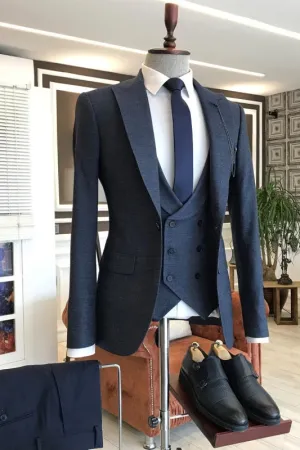 Fitch Formal Navy Blue Three-Piece Peaked Lapel Business Suit