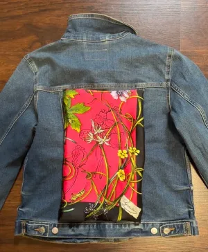 GG Designer Scarf  Botanical Pink on Blue Denim Jacket