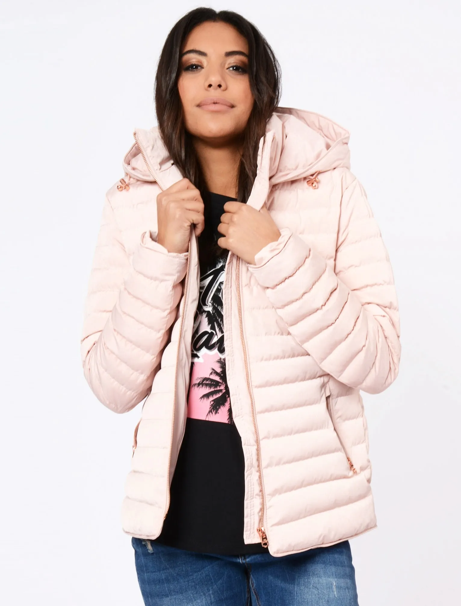 Ginger 2 Quilted Hooded Puffer Jacket in Blush Pink - Tokyo Laundry