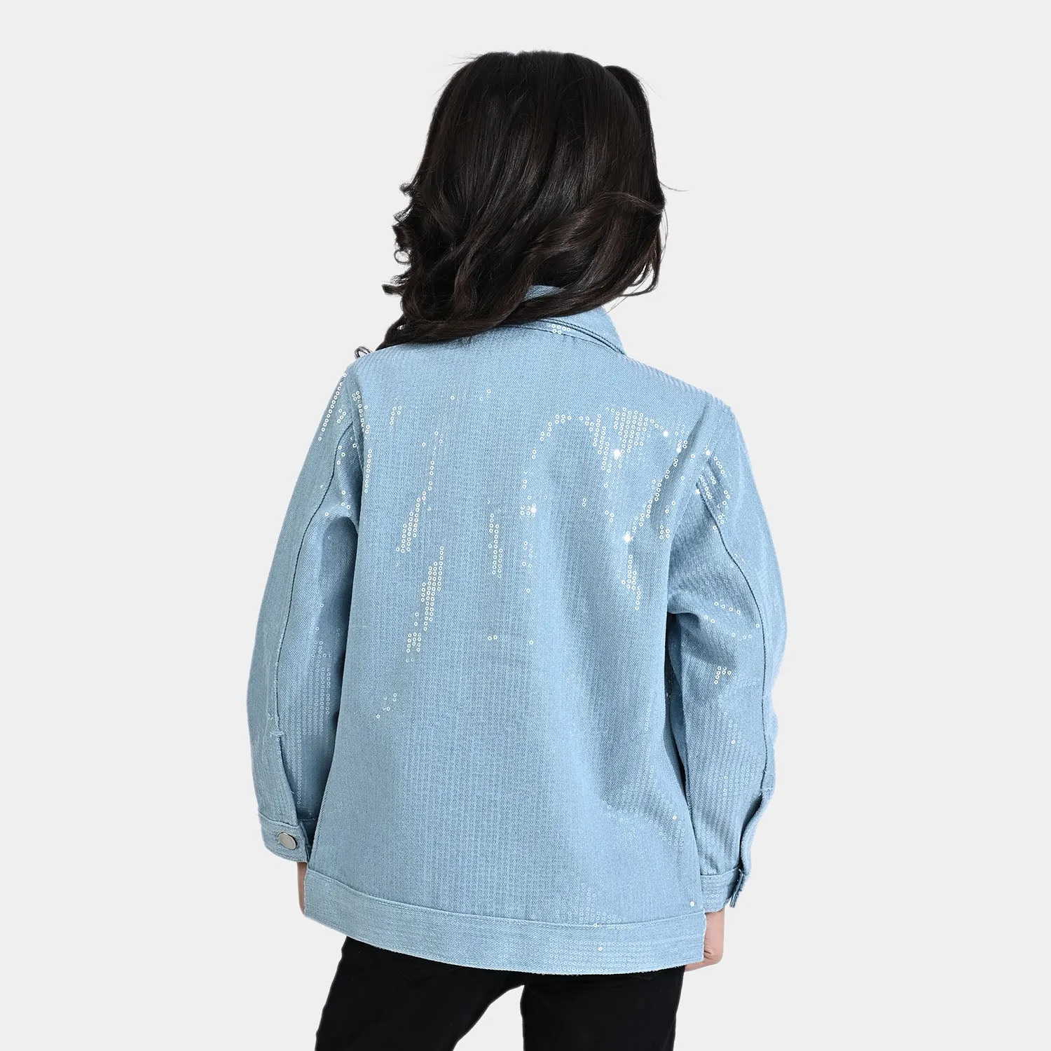 Girls Denim rigid Woven Jacket Sequins Sparkle-Ice Blue