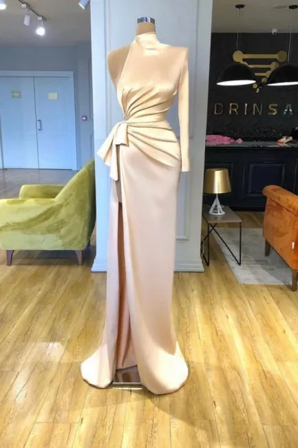 Glamorous high neck long sleeves column satin Evening dresses split front