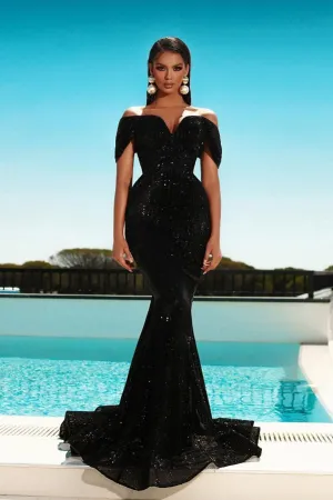 Gorgeous Long Black Mermaid Off-the-shoulder Prom Dress with Glitter