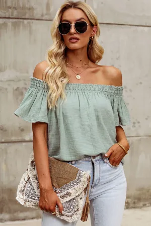 Green Off Shoulder Textured Ruched Ruffle Blouse