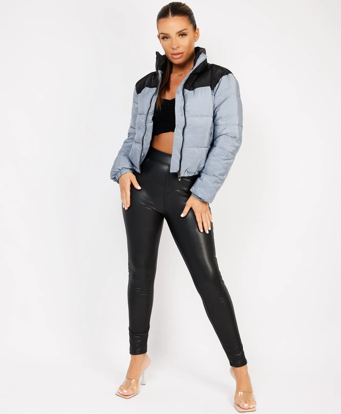 Grey Colour Block Padded Zipped Puffer Bomber Jacket