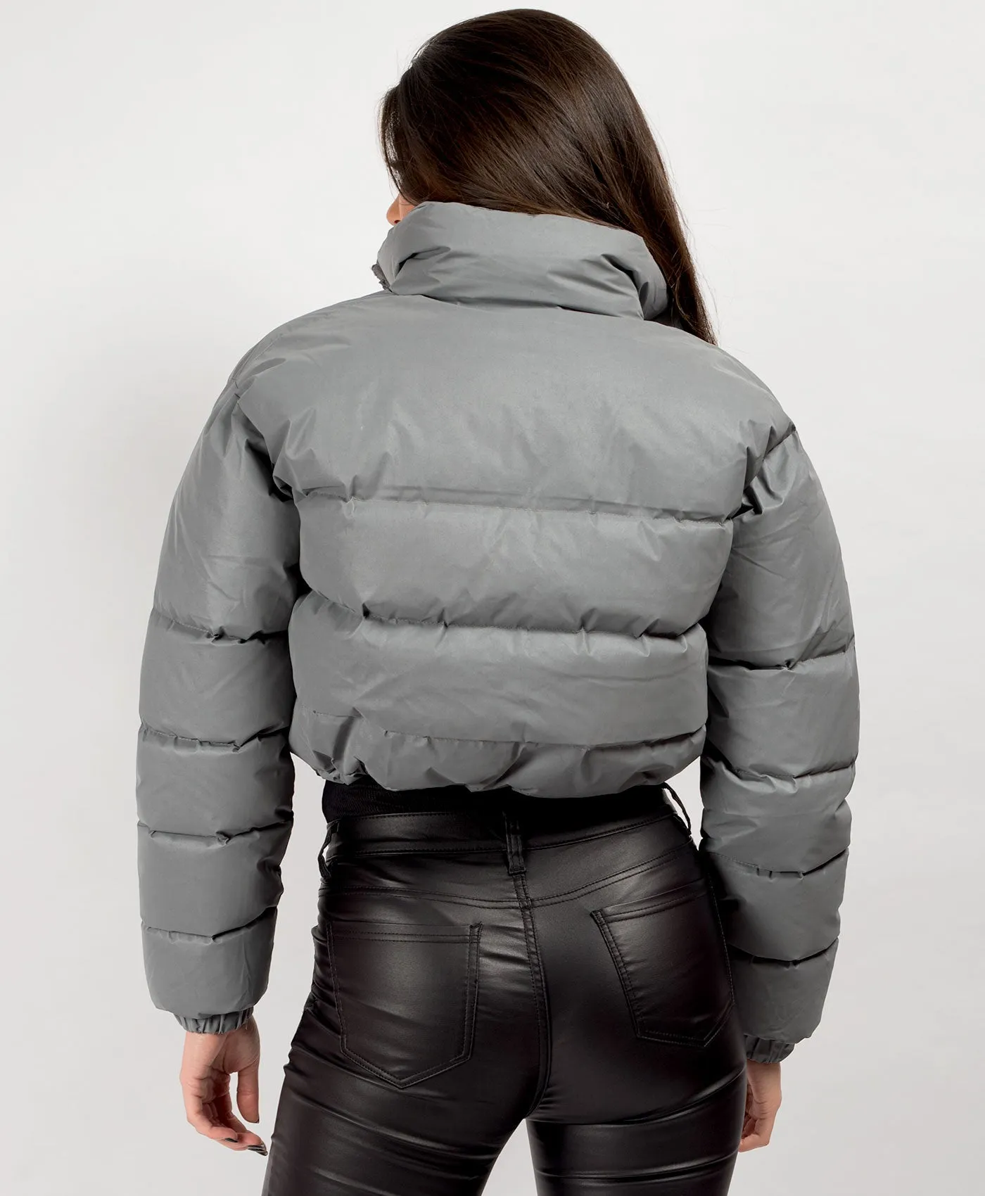 Grey Reflective Padded Cropped Puffer Jacket