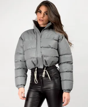 Grey Reflective Padded Cropped Puffer Jacket