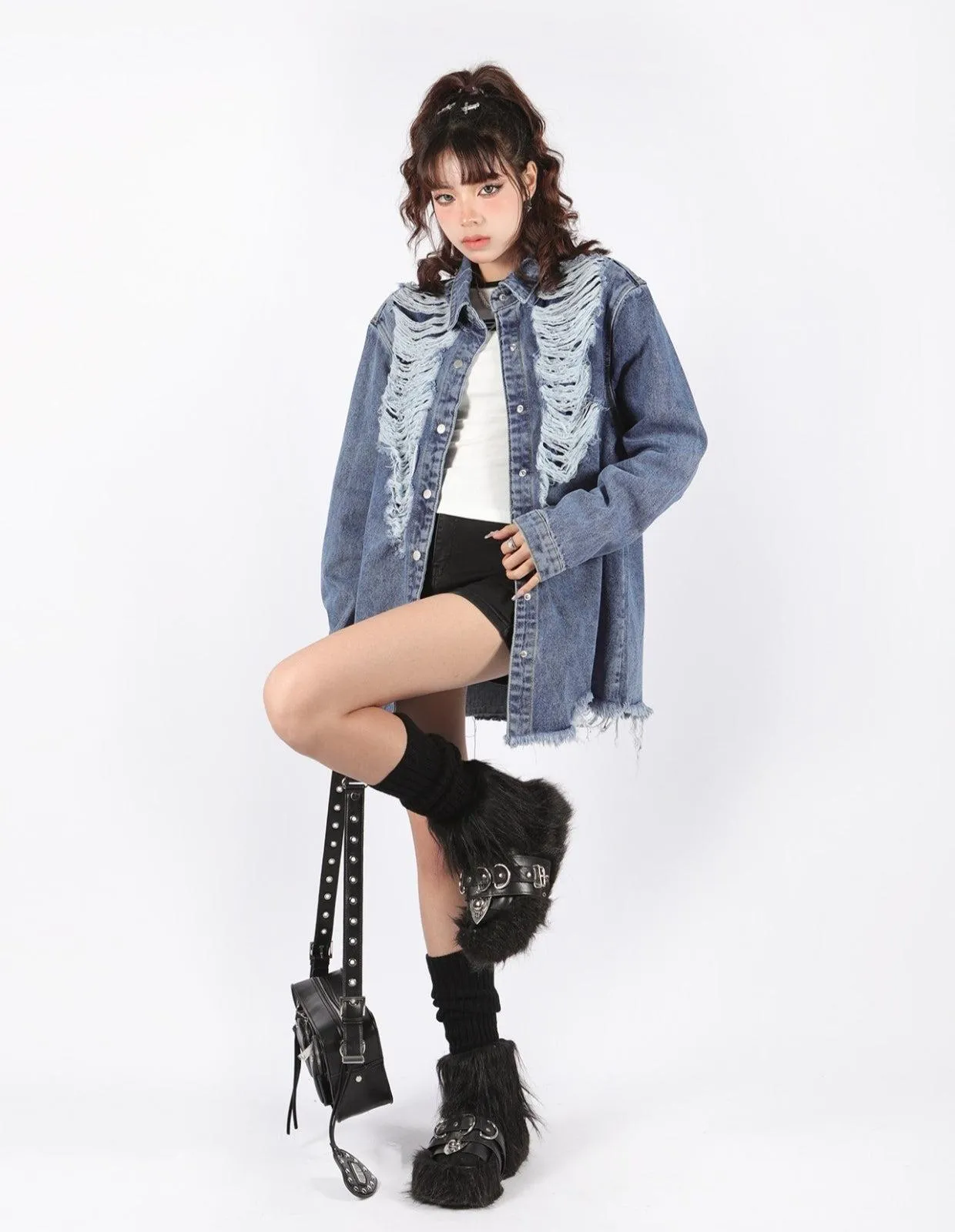 Grunge Distressed Long Denim Jacket