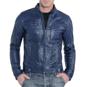 Handmade Blue Genuine Leather Lambskin Vintage Bomber Jacket for Men