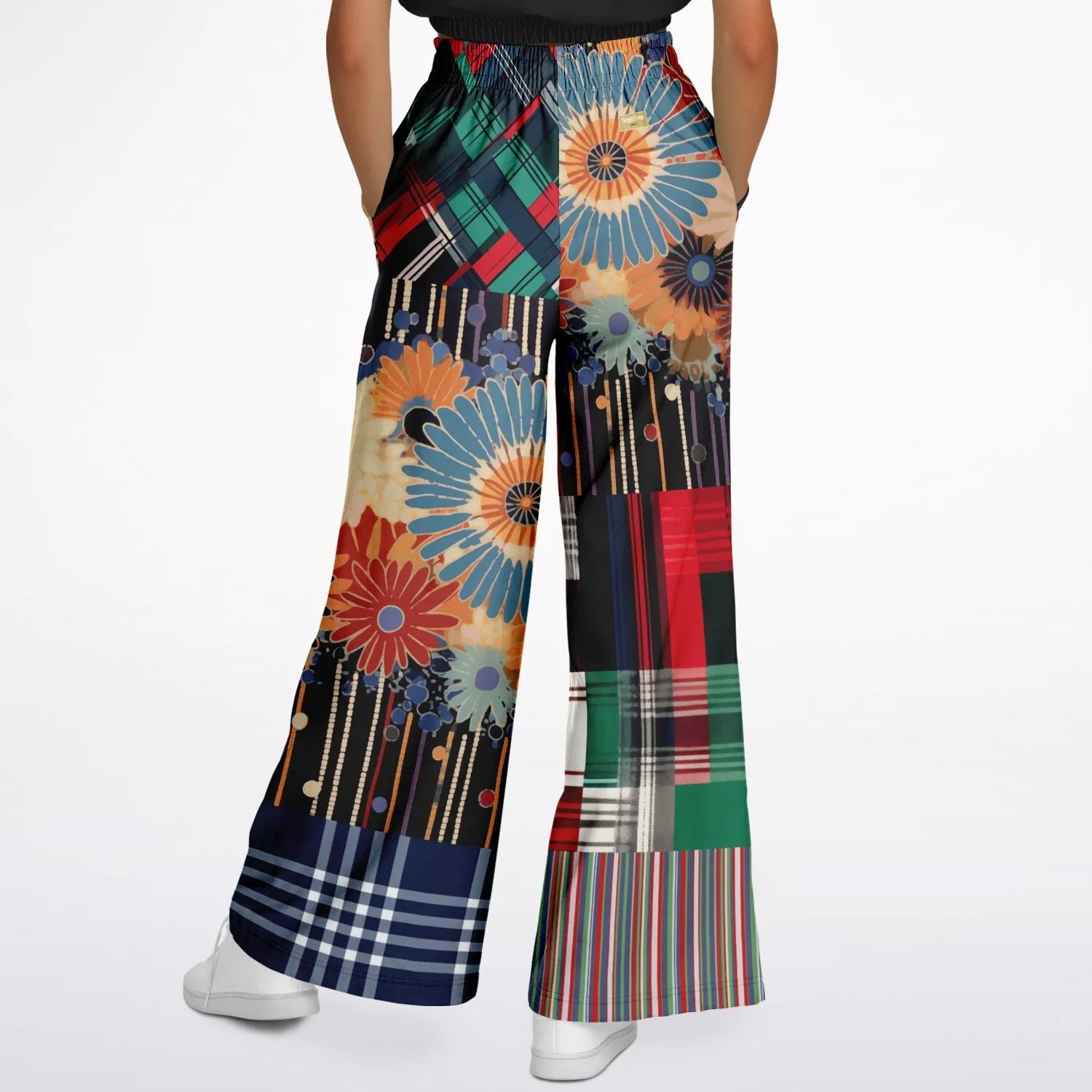 Haphazard Blue Floral Stripe Eco-Poly Wide Leg Pants