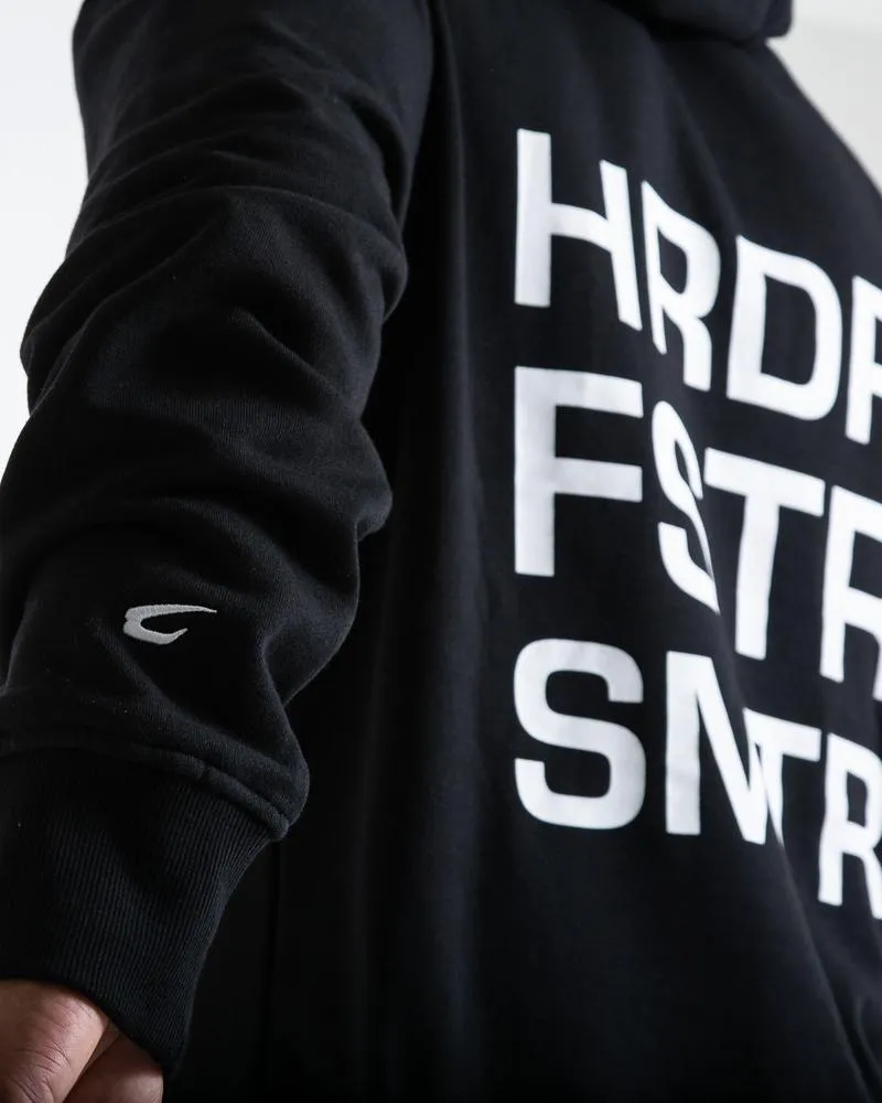 HRDR FSTR SMTR UNISEX HOODIE - BLACK