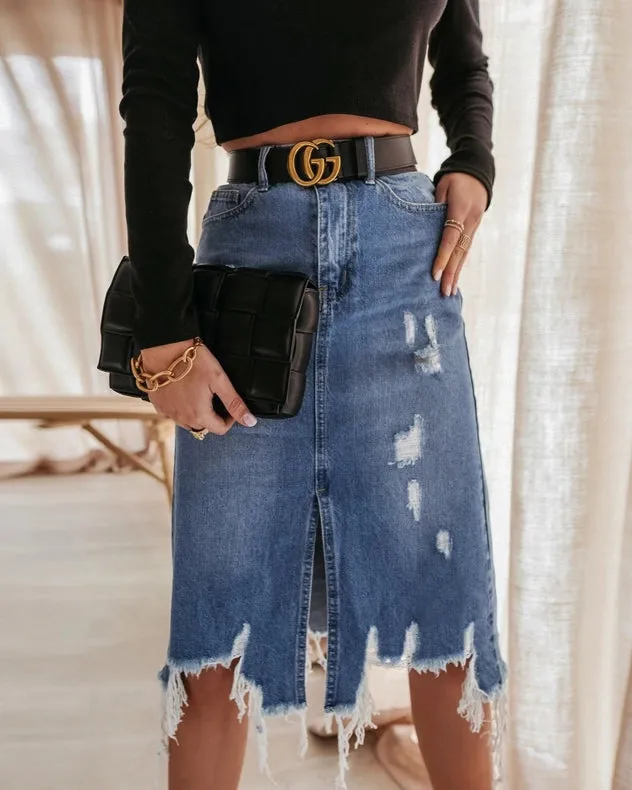 Irregular Ripped Fringed Denim Skirt