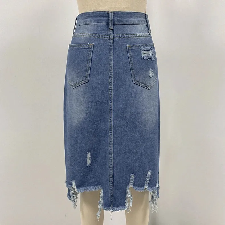 Irregular Ripped Fringed Denim Skirt