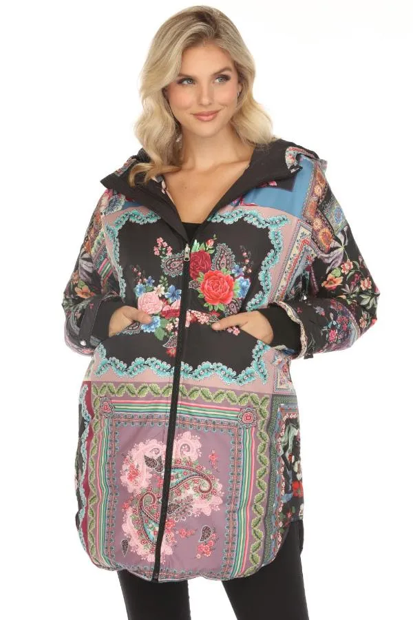 Johnny Was Black Floral Reversible Hooded Puffer Coat JW65670