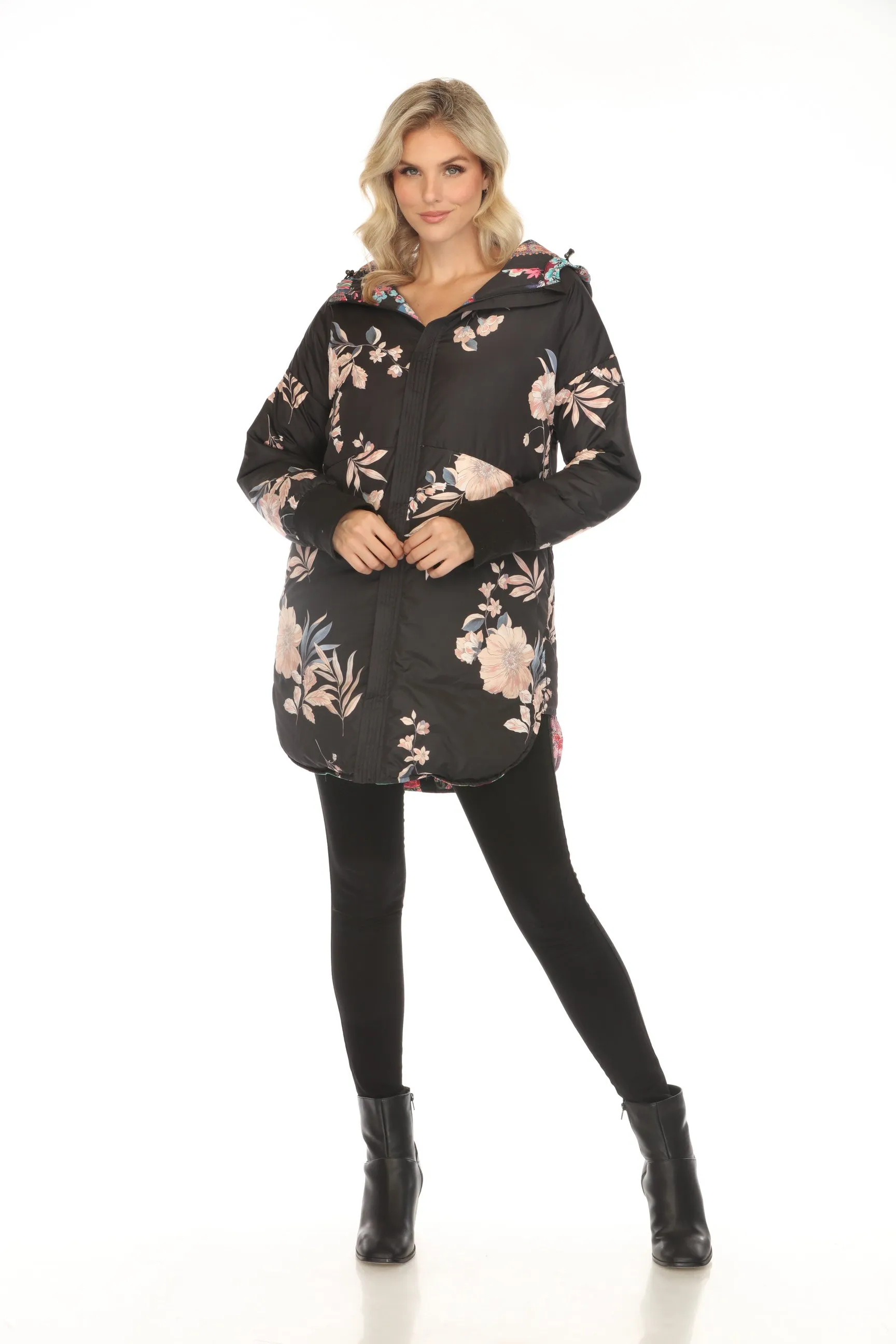 Johnny Was Black Floral Reversible Hooded Puffer Coat JW65670