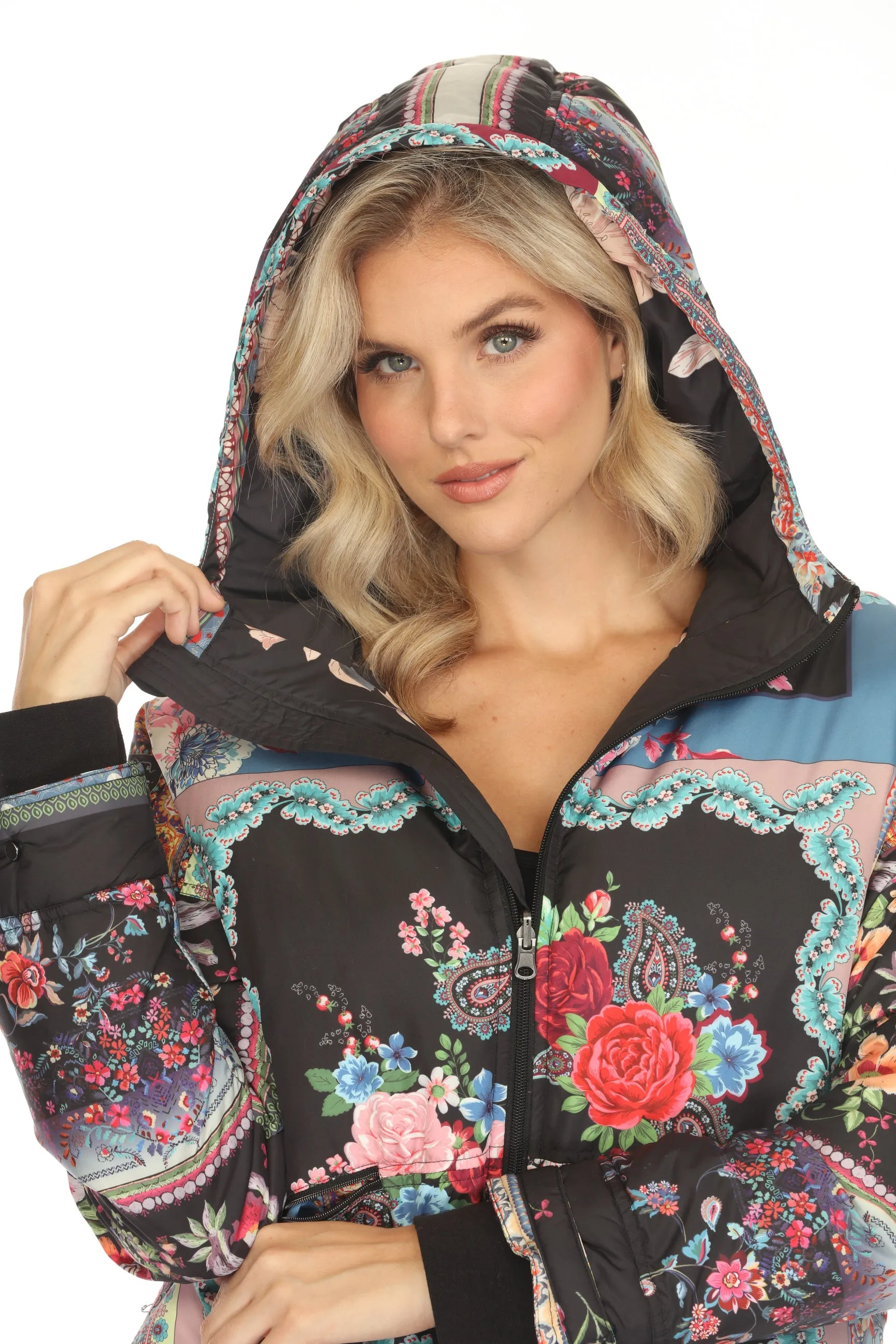 Johnny Was Black Floral Reversible Hooded Puffer Coat JW65670