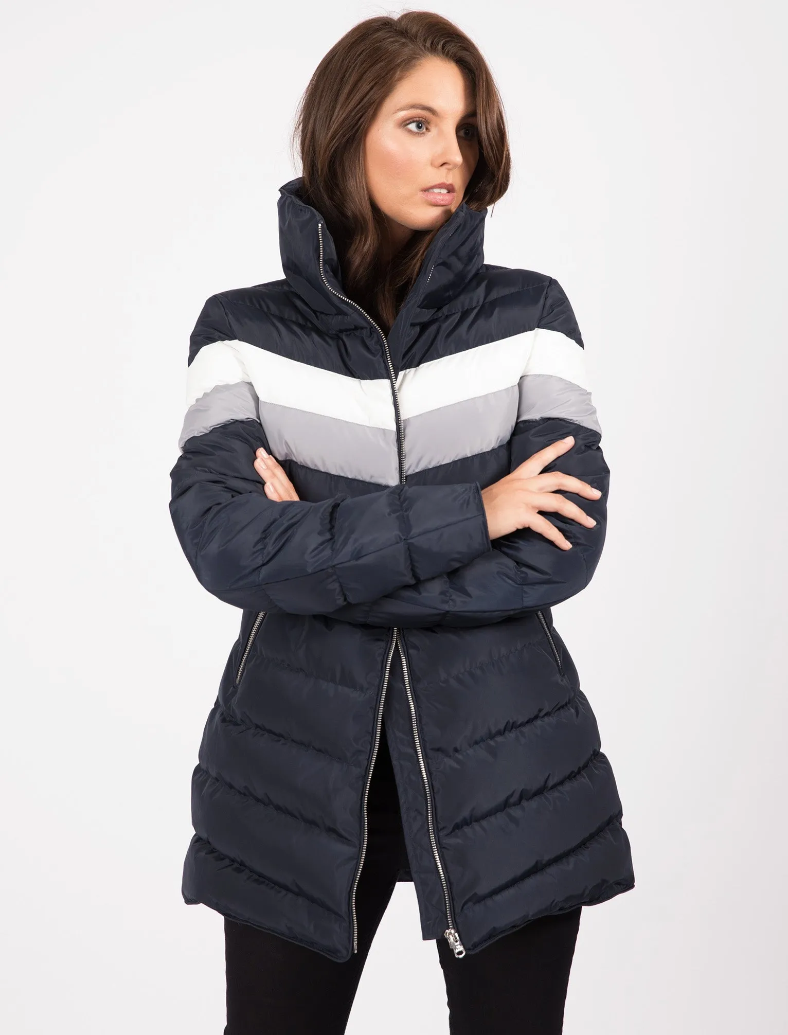 Kernel Longline Puffer Coat with Chevron Panel In Navy Blazer - Tokyo Laundry