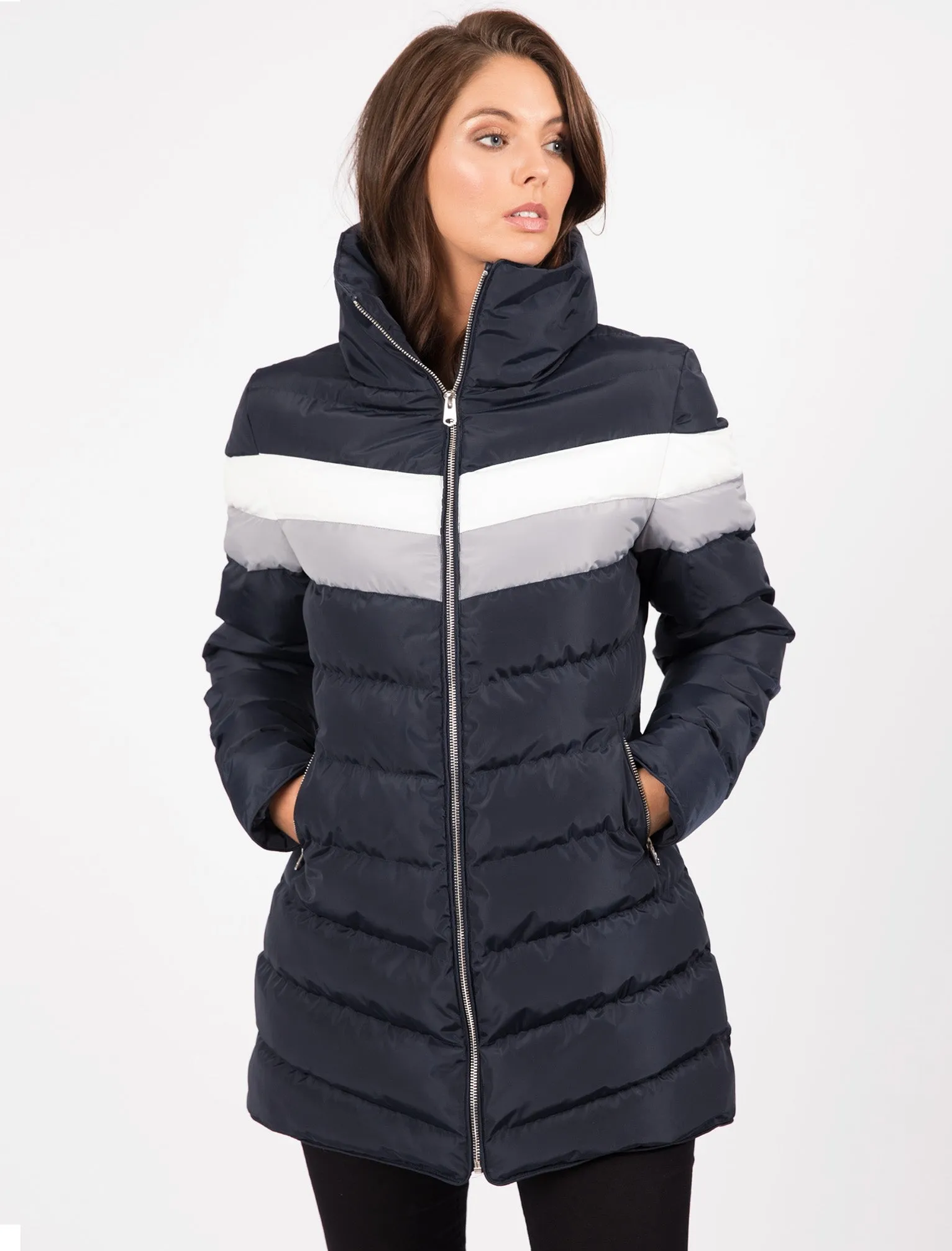 Kernel Longline Puffer Coat with Chevron Panel In Navy Blazer - Tokyo Laundry