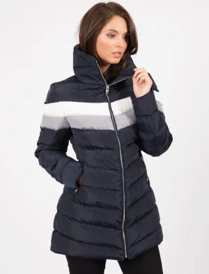 Kernel Longline Puffer Coat with Chevron Panel In Navy Blazer - Tokyo Laundry