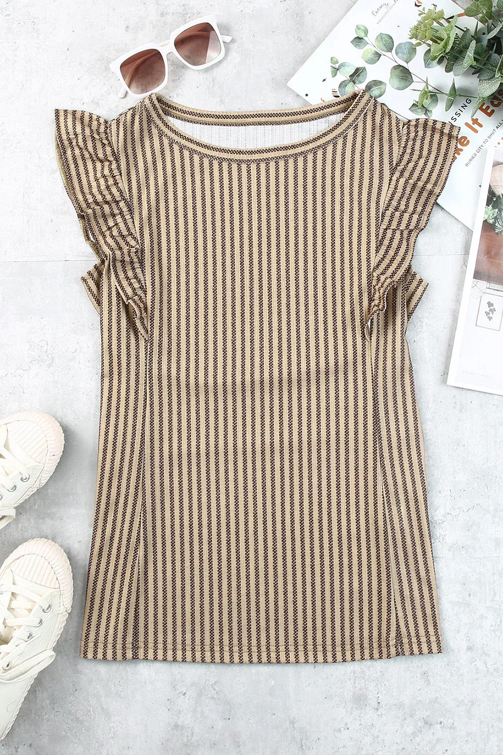 Khaki Striped Crew Neck Ruffled Tank Top