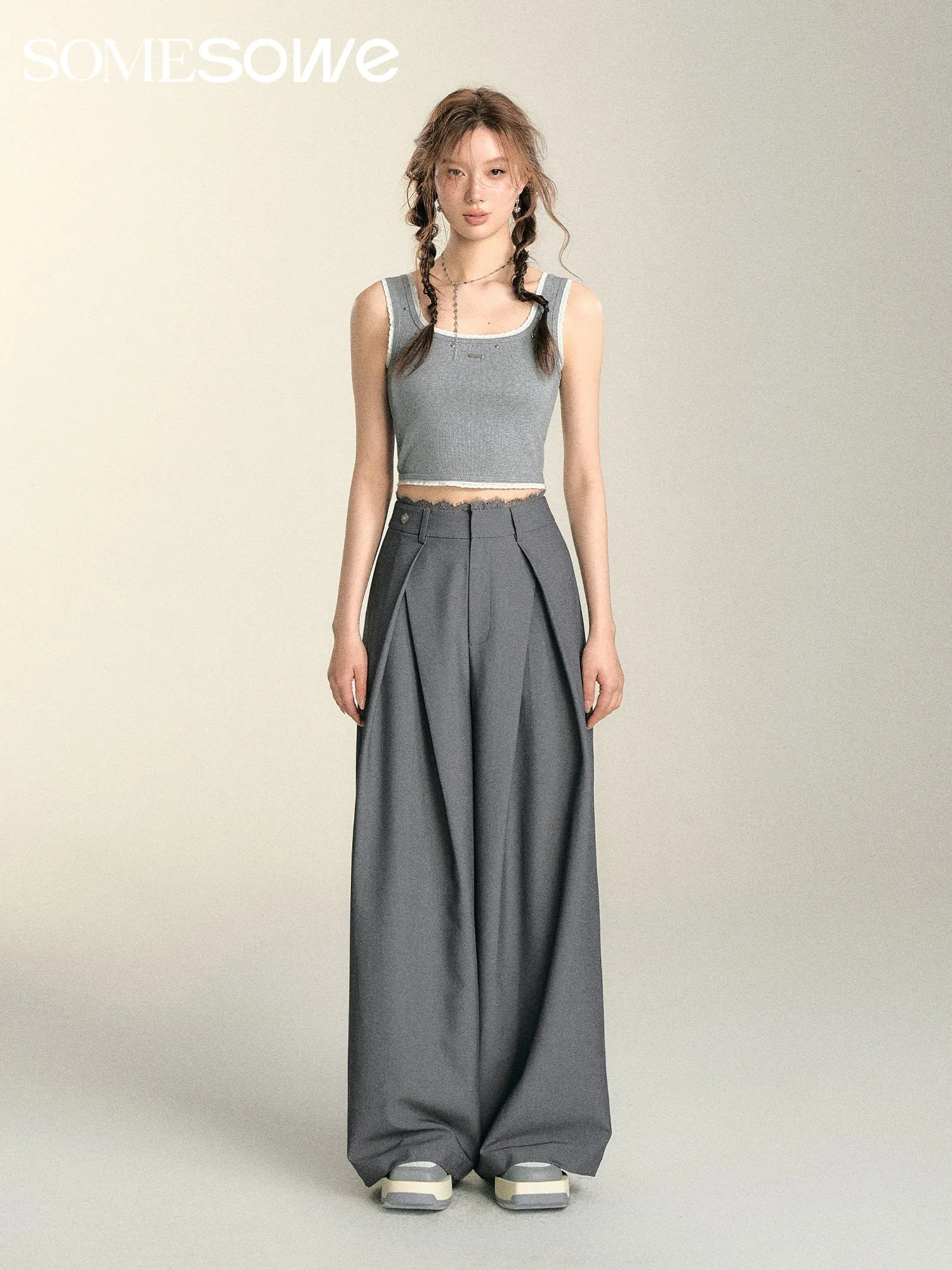 Lace Panel Pleated Trousers in Gray