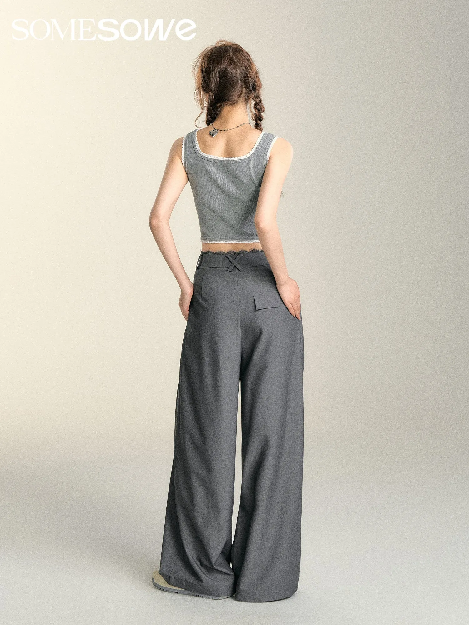 Lace Panel Pleated Trousers in Gray