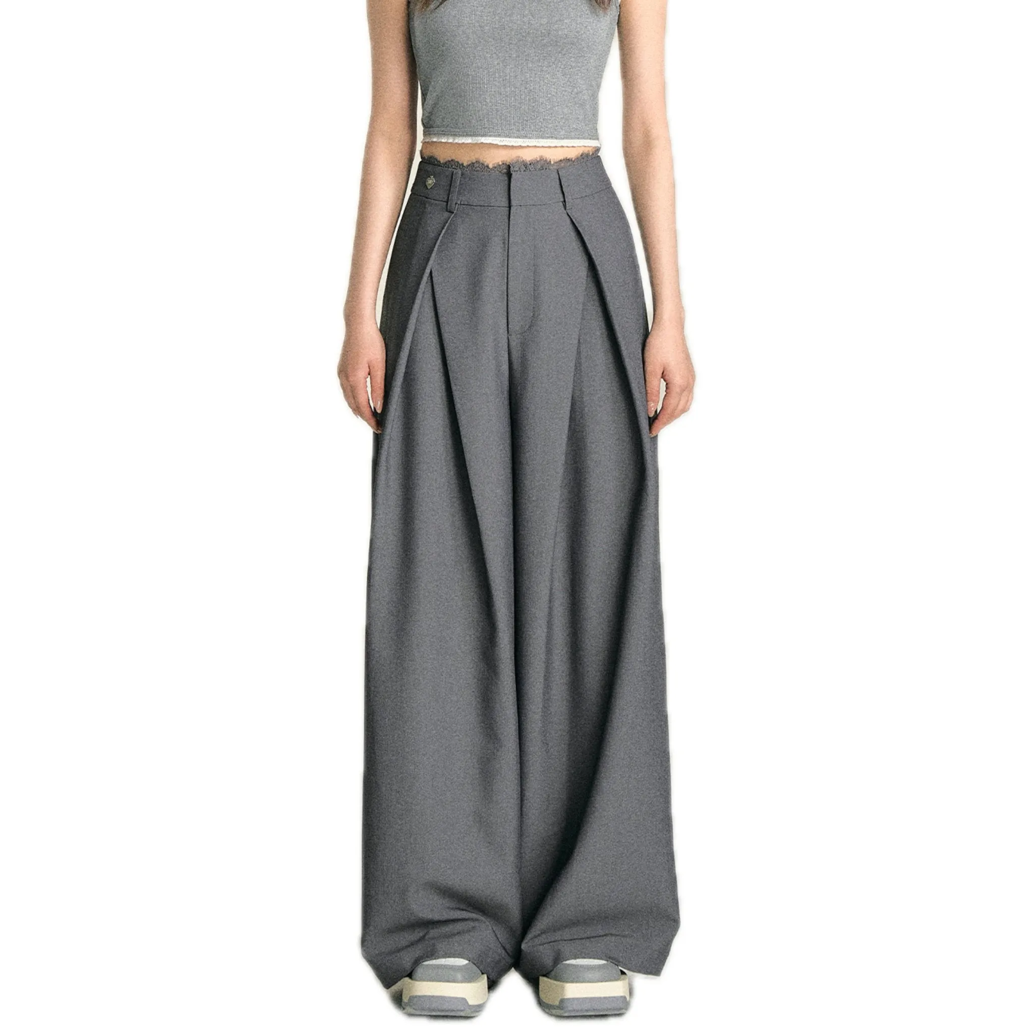 Lace Panel Pleated Trousers in Gray