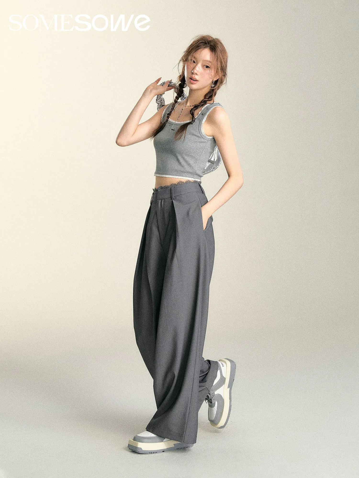 Lace Panel Pleated Trousers in Gray