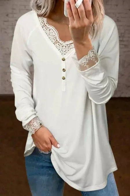 Lace Splicing Button V Neck Long Sleeve Top