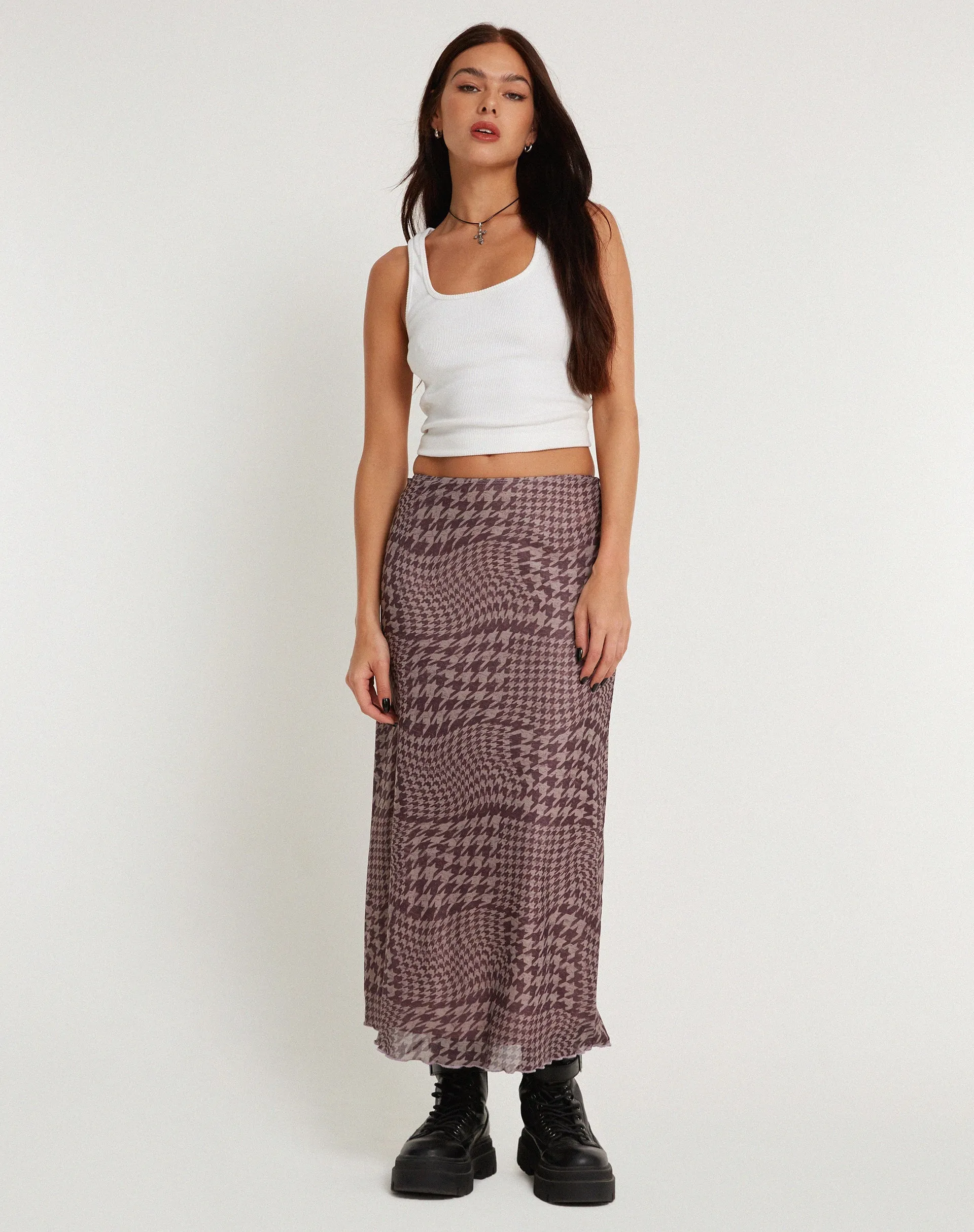 Lassie Printed Mesh Maxi Skirt in Warped Houndstooth Brown