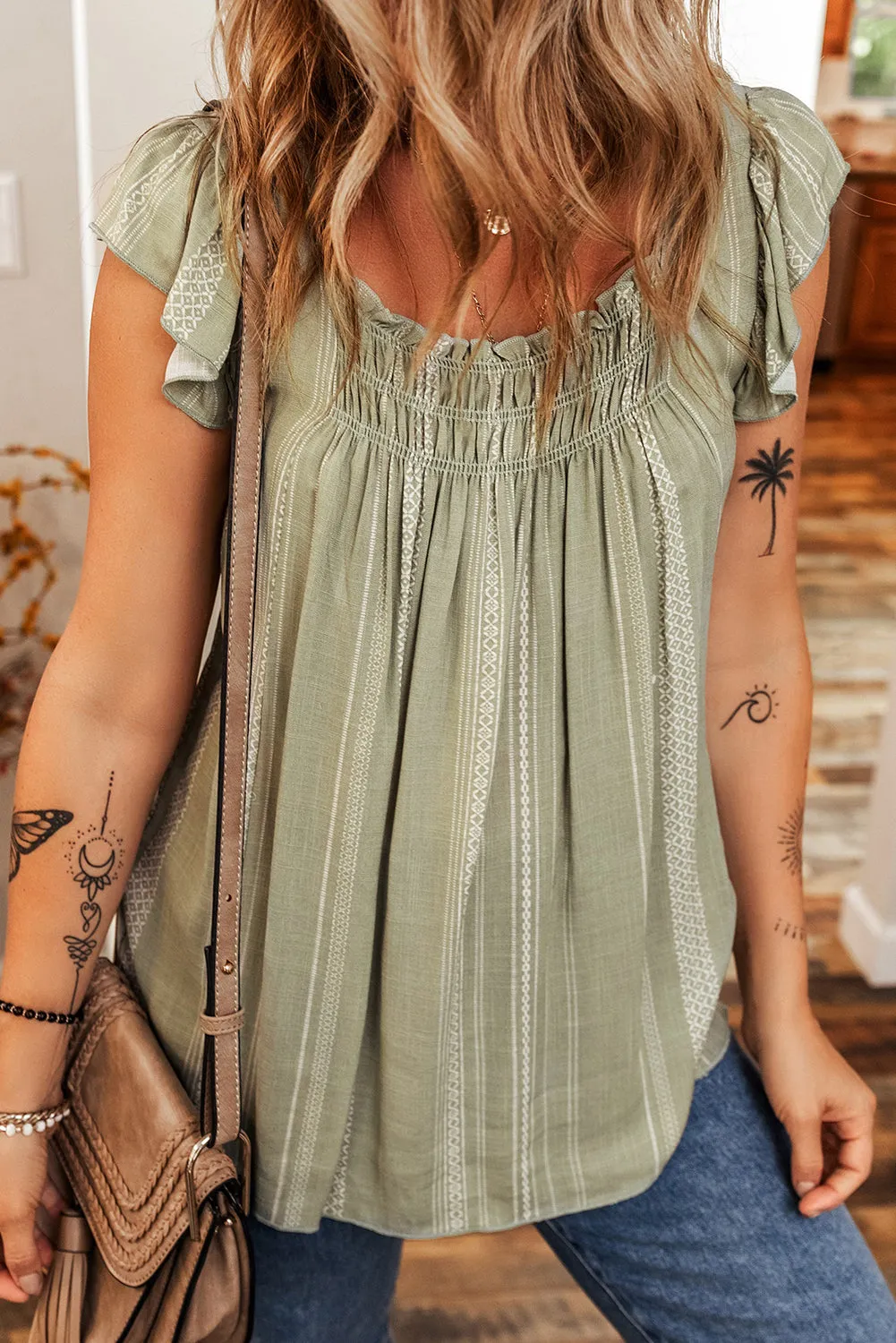 Laurel Green Stripes Ruffled Sleeve Shirred Round Neck Loose Fit Tank Top