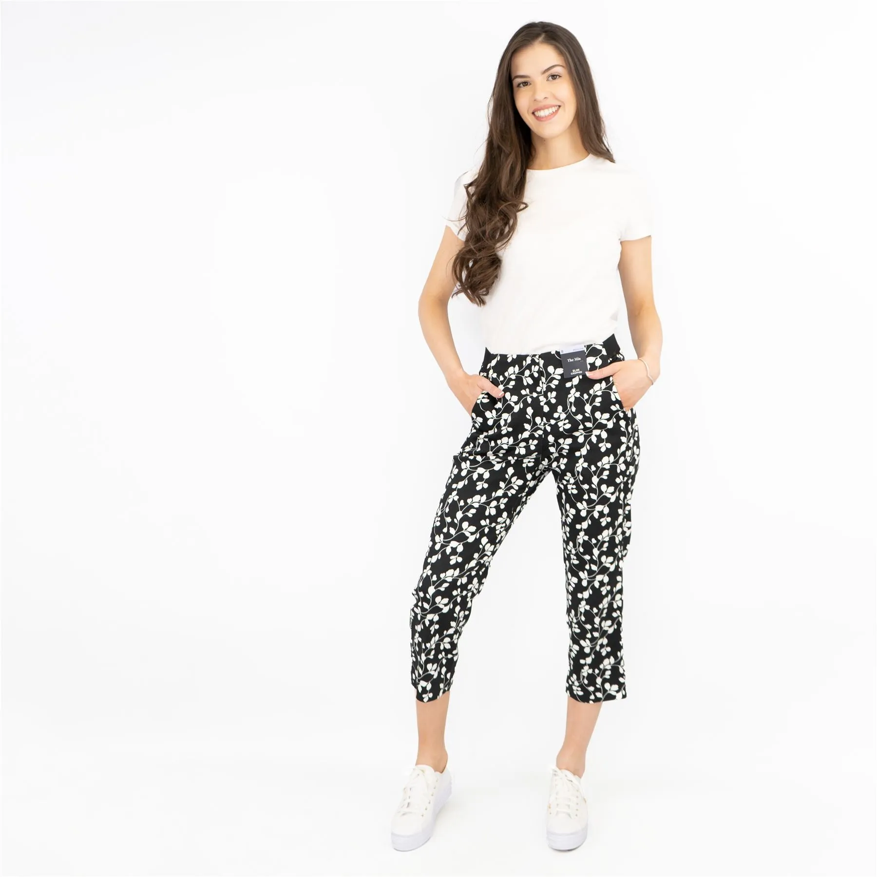 M&S Mia Black Flower Print Slim Leg Tapered Crop Chino Trousers