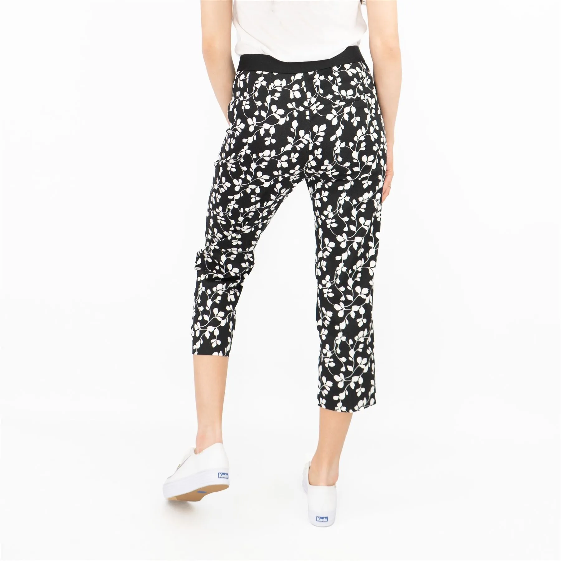 M&S Mia Black Flower Print Slim Leg Tapered Crop Chino Trousers