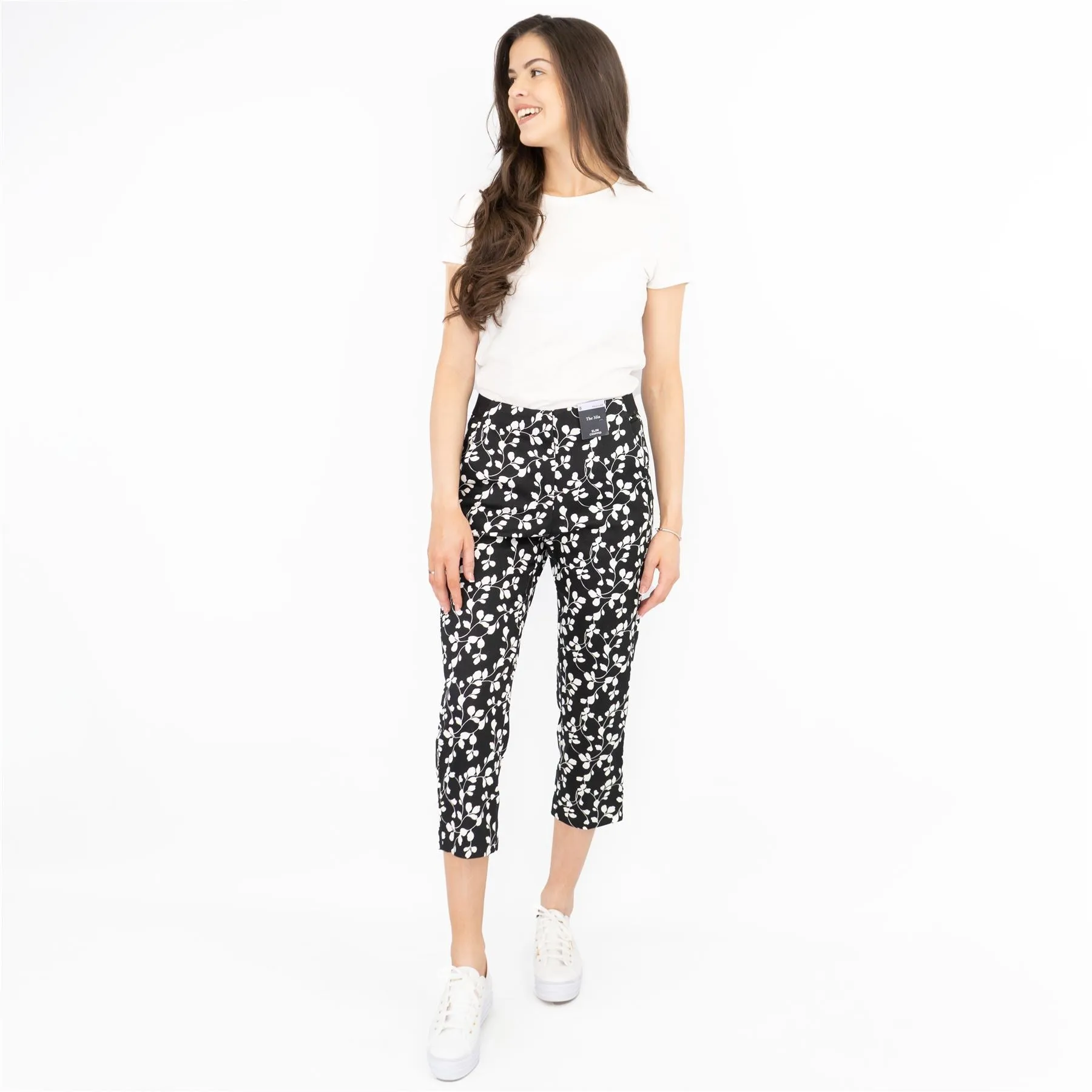 M&S Mia Black Flower Print Slim Leg Tapered Crop Chino Trousers