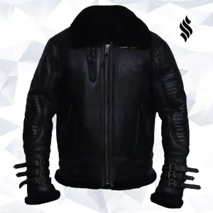 Men Black Biker Shearling Jacket