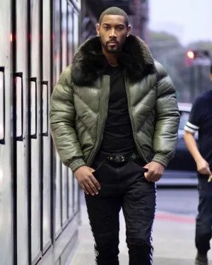 MEN V BOMBER JACKET - OLIVE GREEN ( BLACK FUR)