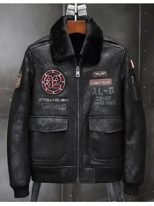 Men's Airforce Flight Embroidered Shearling Jacket - Classic Coat