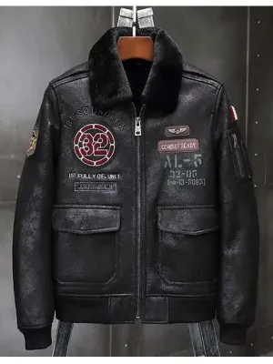 Men's Airforce Flight Embroidered Shearling Jacket - Classic Coat