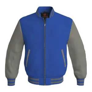 Mens Bomber Jacket Blue Body and Gray Leather Sleeves Bomber Jacket