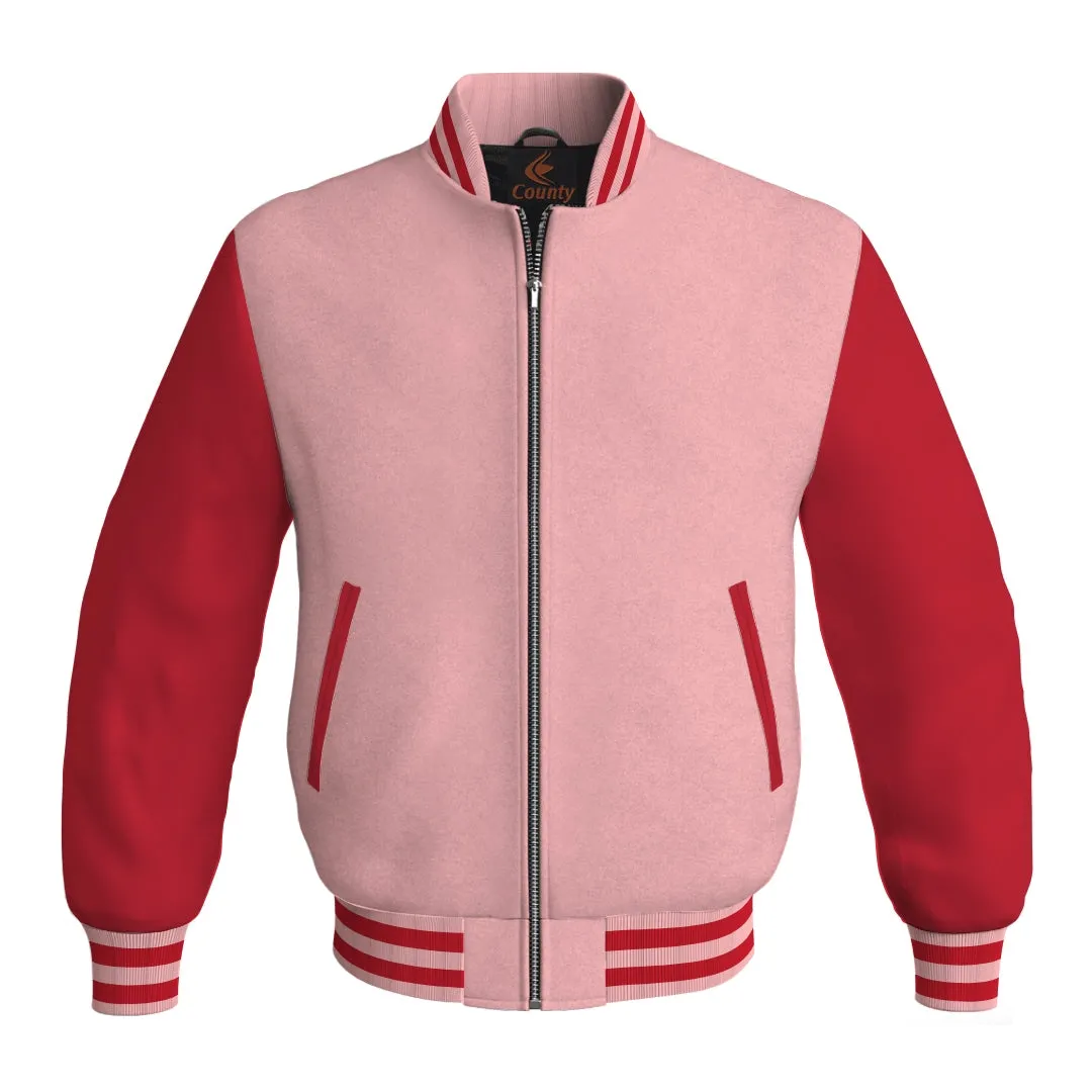 Mens Bomber Jacket Pink Body and Red Leather Sleeves Bomber Jacket